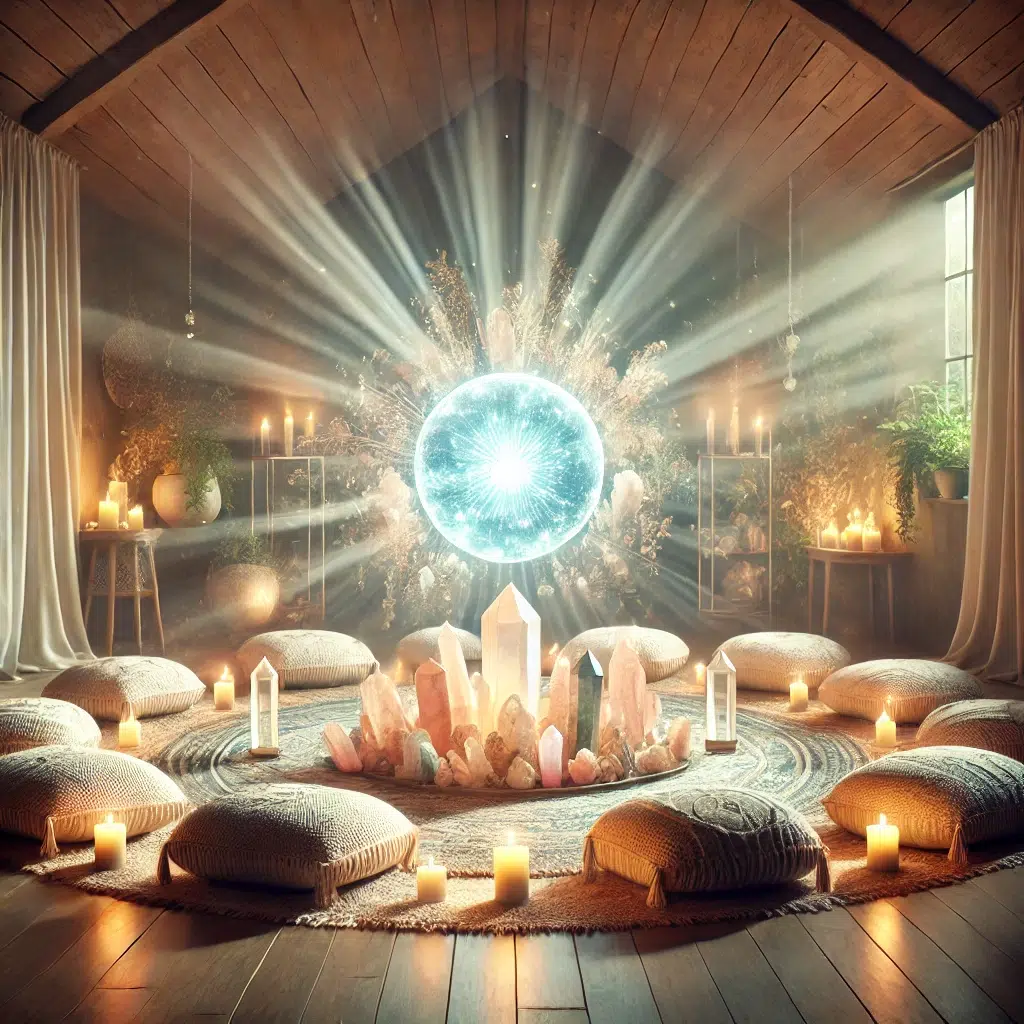 DALL·E 2025 02 19 12.06.32 A serene and spiritual image representing a workshop space for crystal healing and energy work. The scene features a softly lit room with a circle of_edelsteine